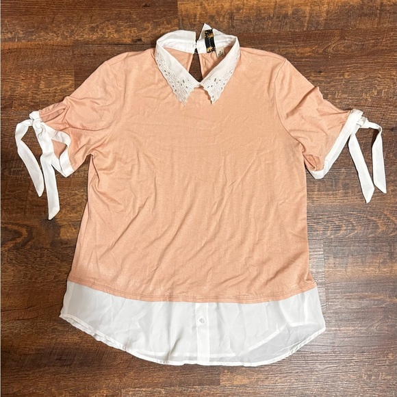 Misia Shirt Top Blouse Womens Medium Pink Shite Short Tie Sleeves Tunic Collared - Picture 2 of 4